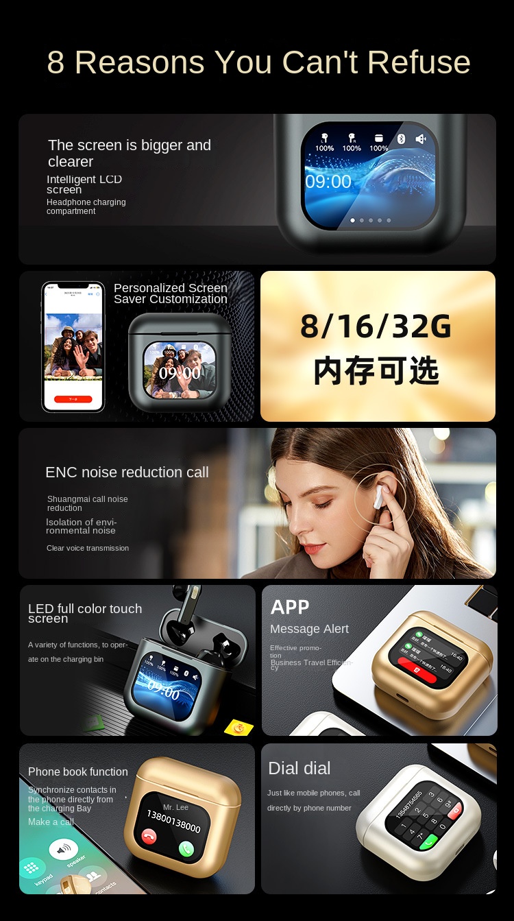 Wireless Screen Display Bluetooth Earbuds with MP3