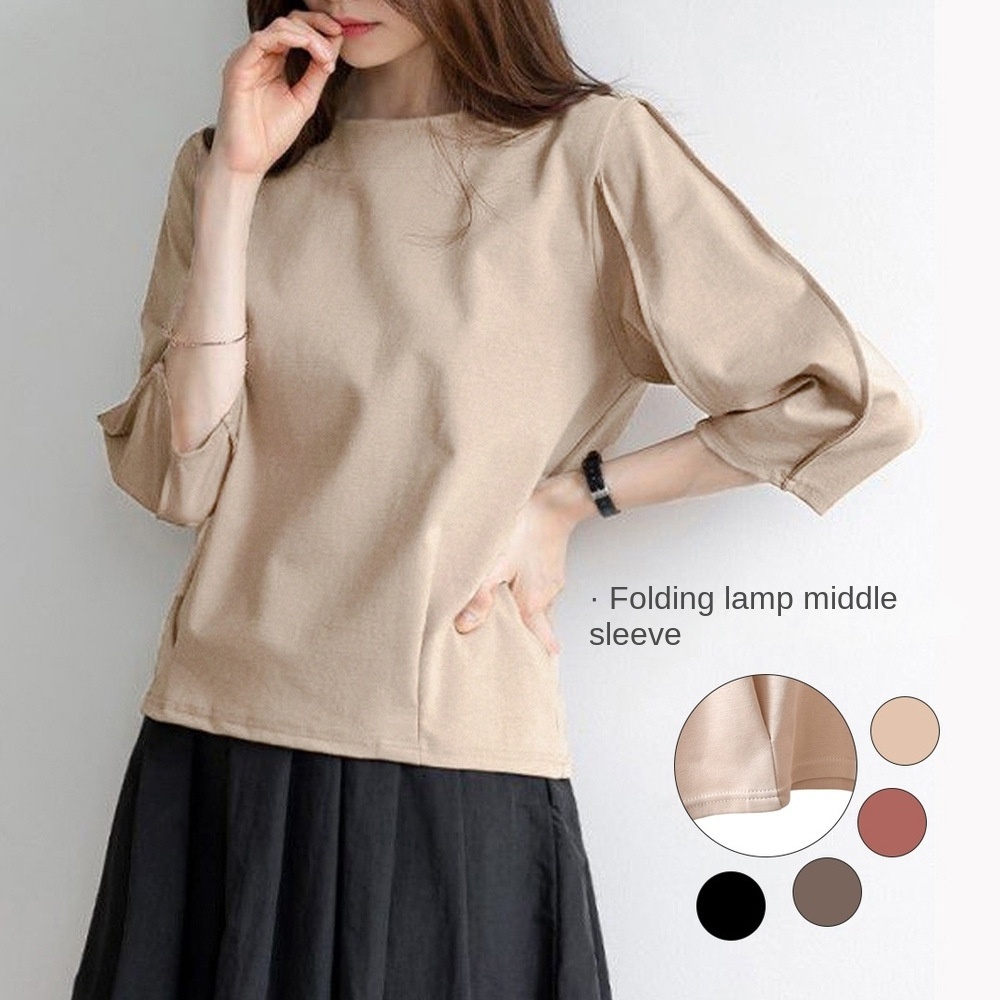 East Gate New Pleated Lantern Sleeve Loose Casual Slim Fit Plus Size Women's T-Shirt 2024 Cross-Border Batch