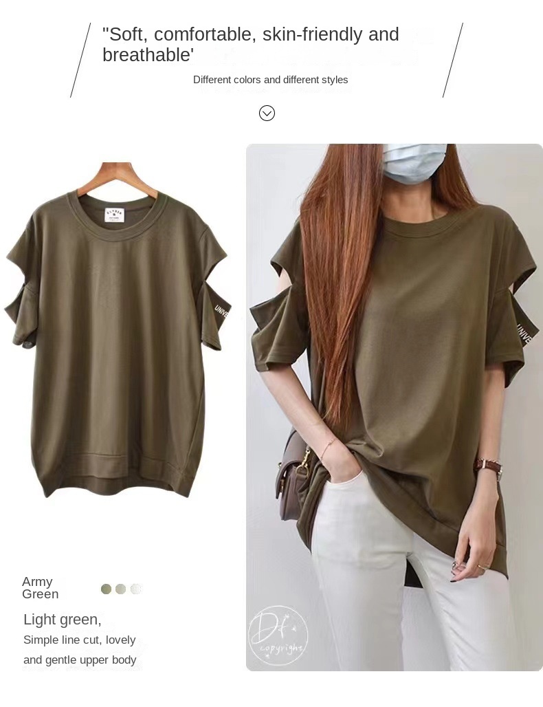 Osaka 2024 Cross-Border New Style Plus Size Women's Off-Shoulder Design Round Neck Short Sleeve T-Shirt Loose Casual Ins Trend