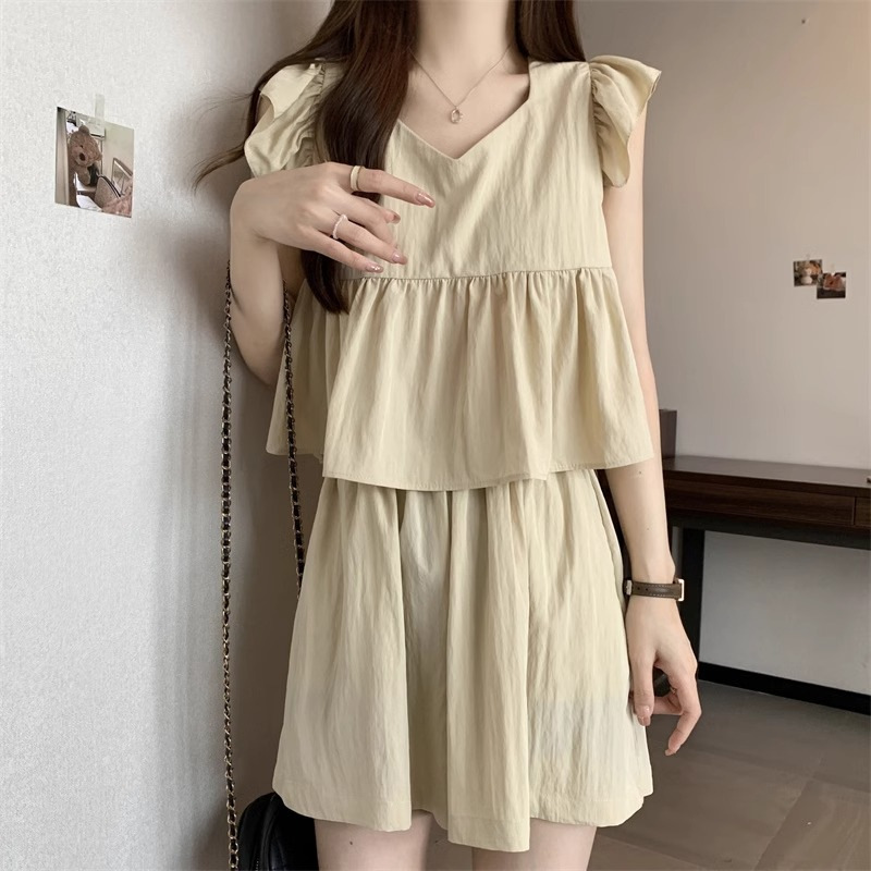 Plus Size Chic Flutter Sleeve Shirt and Shorts Set for Women Summer