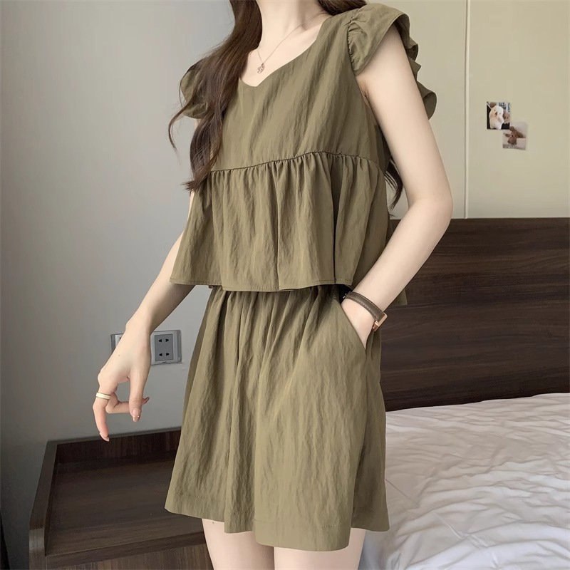 Plus Size Chic Flutter Sleeve Shirt and Shorts Set for Women Summer