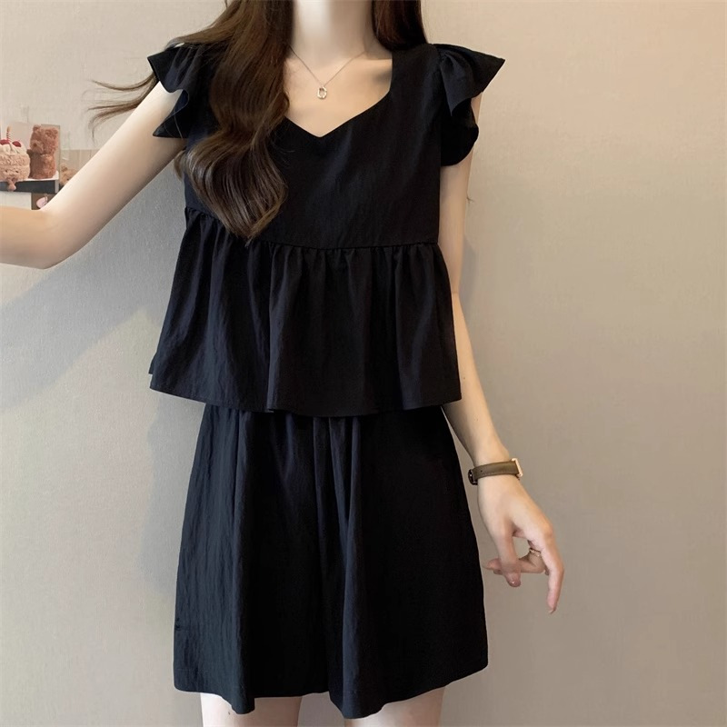 Plus Size Chic Flutter Sleeve Shirt and Shorts Set for Women Summer