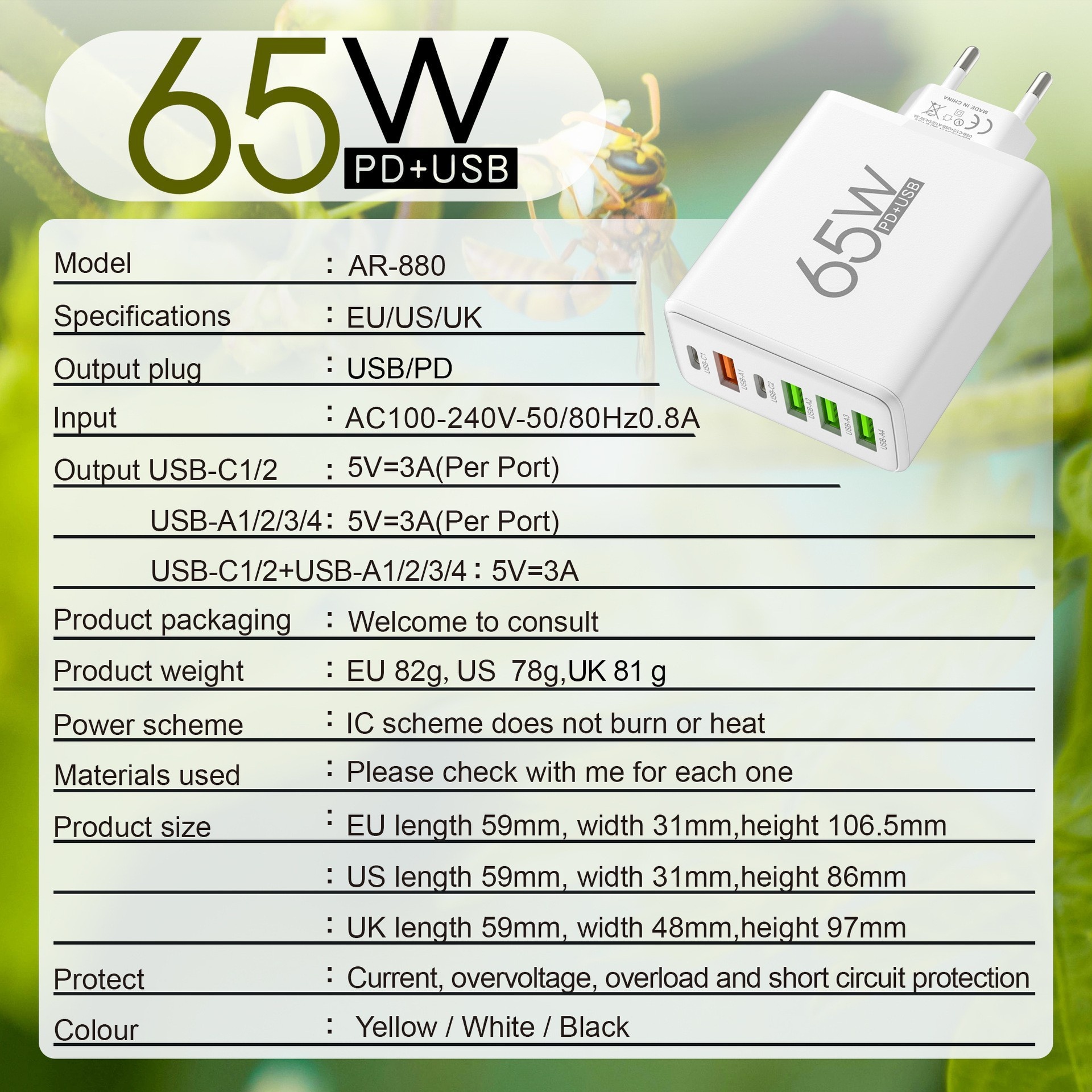 4USB+DualTypeC Charger for Apple15 PD65W Fast Charge