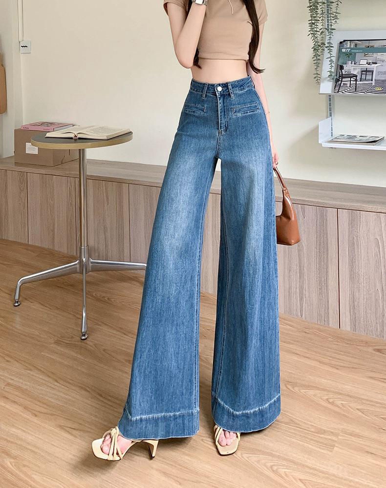 American Vintage Blue Bell-Bottom Jeans for Women Autumn 2024 New High-Waist Loose Pear-Shaped Body Flared Dragging Pants