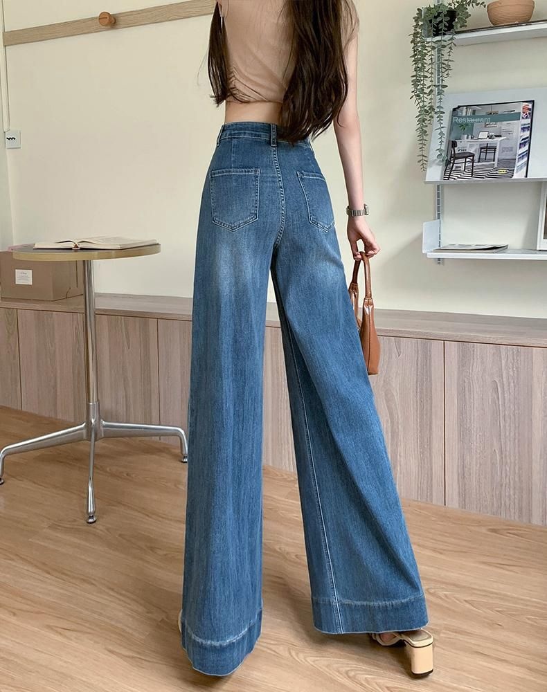 American Vintage Blue Bell-Bottom Jeans for Women Autumn 2024 New High-Waist Loose Pear-Shaped Body Flared Dragging Pants