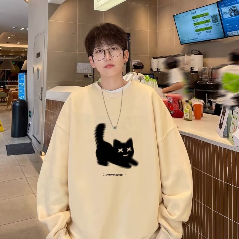 Autumn Winter Men's Round Neck Sweatshirt Long Sleeve T-Shirt American Vintage Style Casual Plush Hoodie