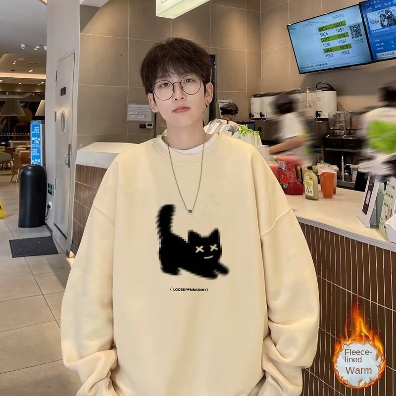 Autumn Winter Men's Round Neck Sweatshirt Long Sleeve T-Shirt American Vintage Style Casual Plush Hoodie