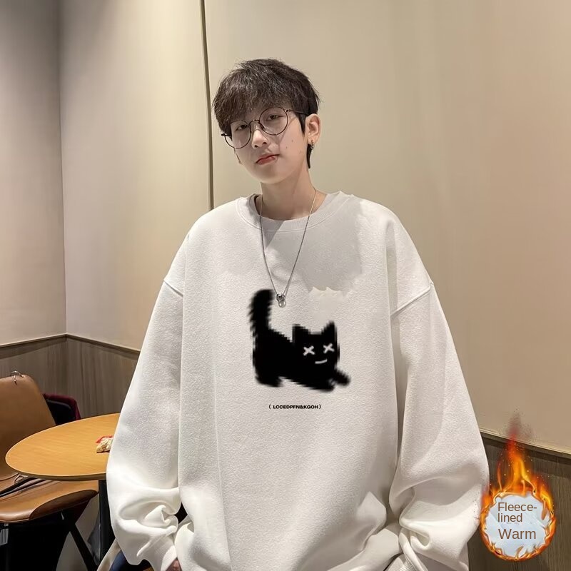 Autumn Winter Men's Round Neck Sweatshirt Long Sleeve T-Shirt American Vintage Style Casual Plush Hoodie