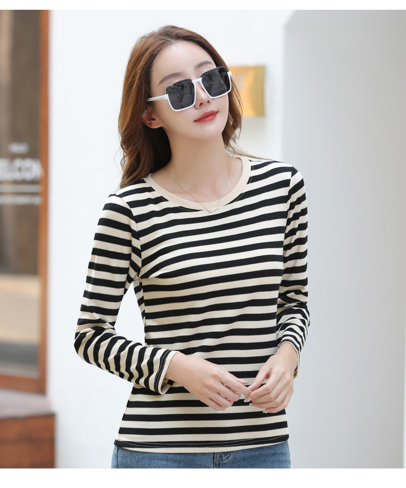 Autumn Striped Cotton Long Sleeve T-Shirt for Women