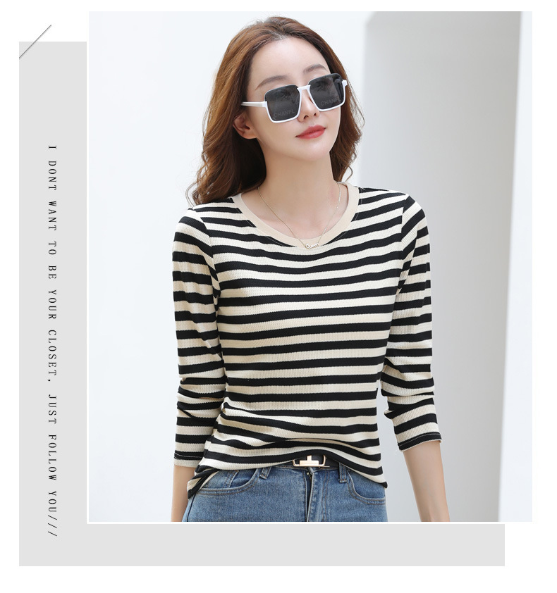 Autumn Striped Cotton Long Sleeve T-Shirt for Women