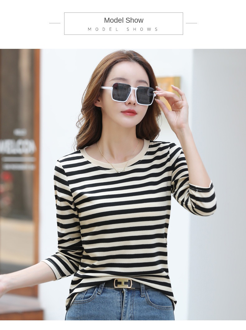 Autumn Striped Cotton Long Sleeve T-Shirt for Women