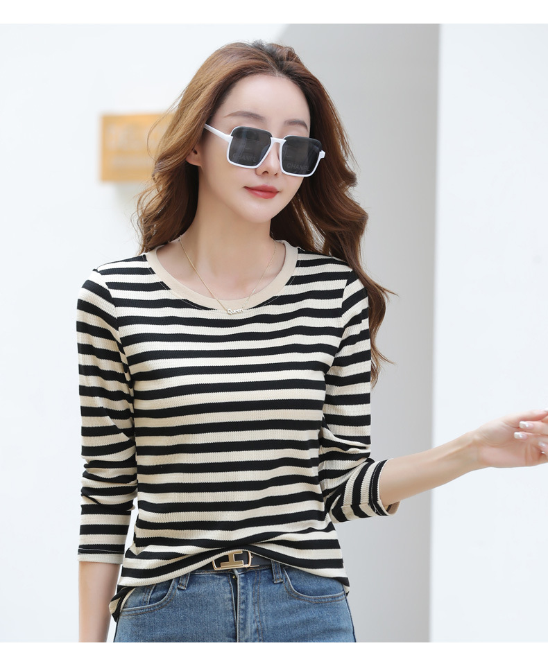 Autumn Striped Cotton Long Sleeve T-Shirt for Women