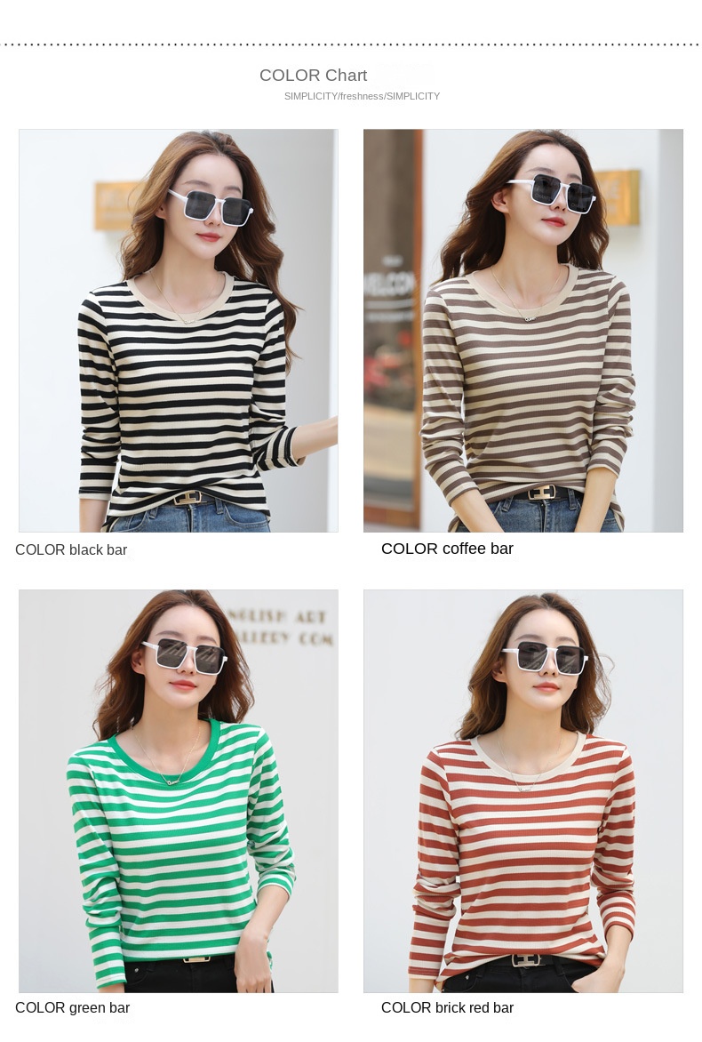 Autumn Striped Cotton Long Sleeve T-Shirt for Women