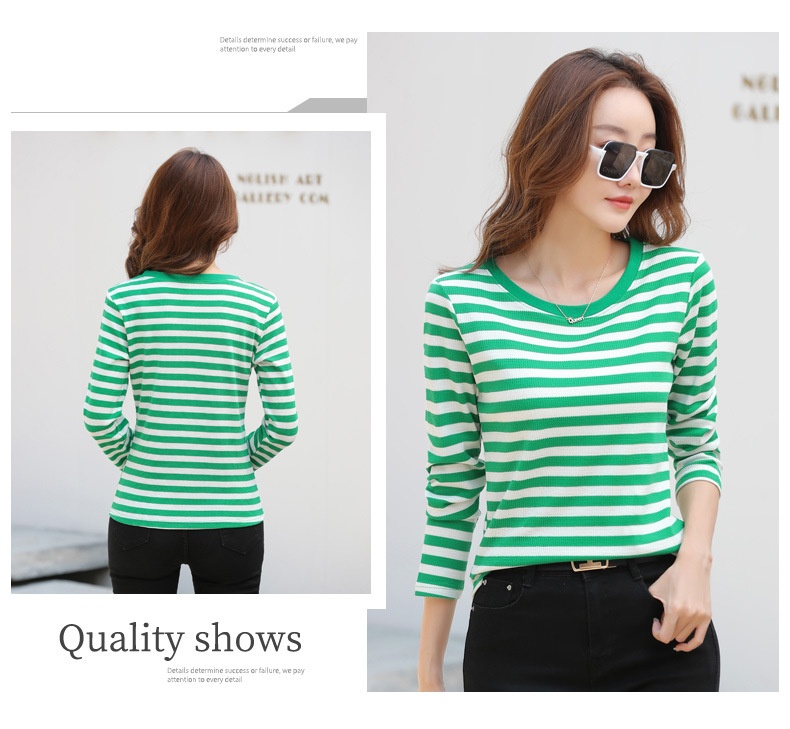 Autumn Striped Cotton Long Sleeve T-Shirt for Women