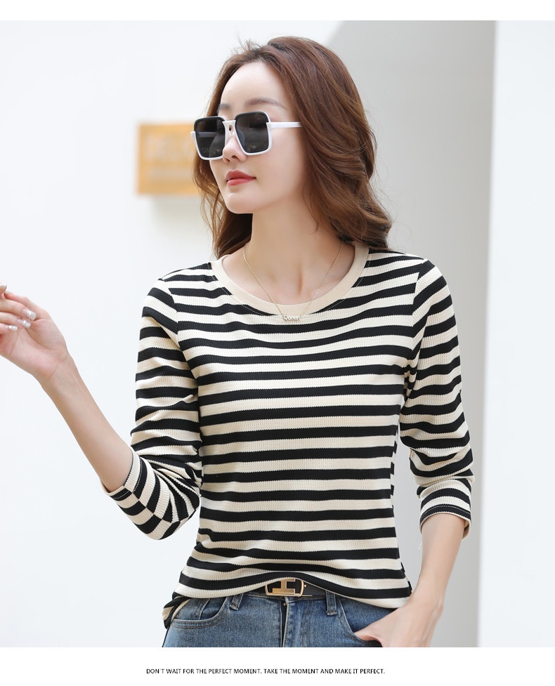 Autumn Striped Cotton Long Sleeve T-Shirt for Women