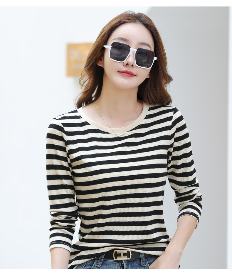 Autumn Striped Cotton Long Sleeve T-Shirt for Women