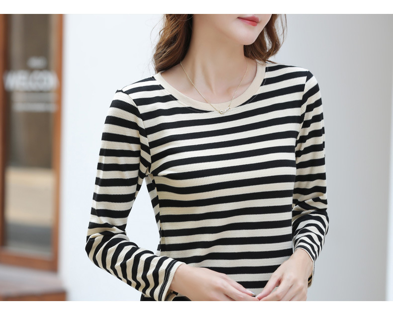 Autumn Striped Cotton Long Sleeve T-Shirt for Women