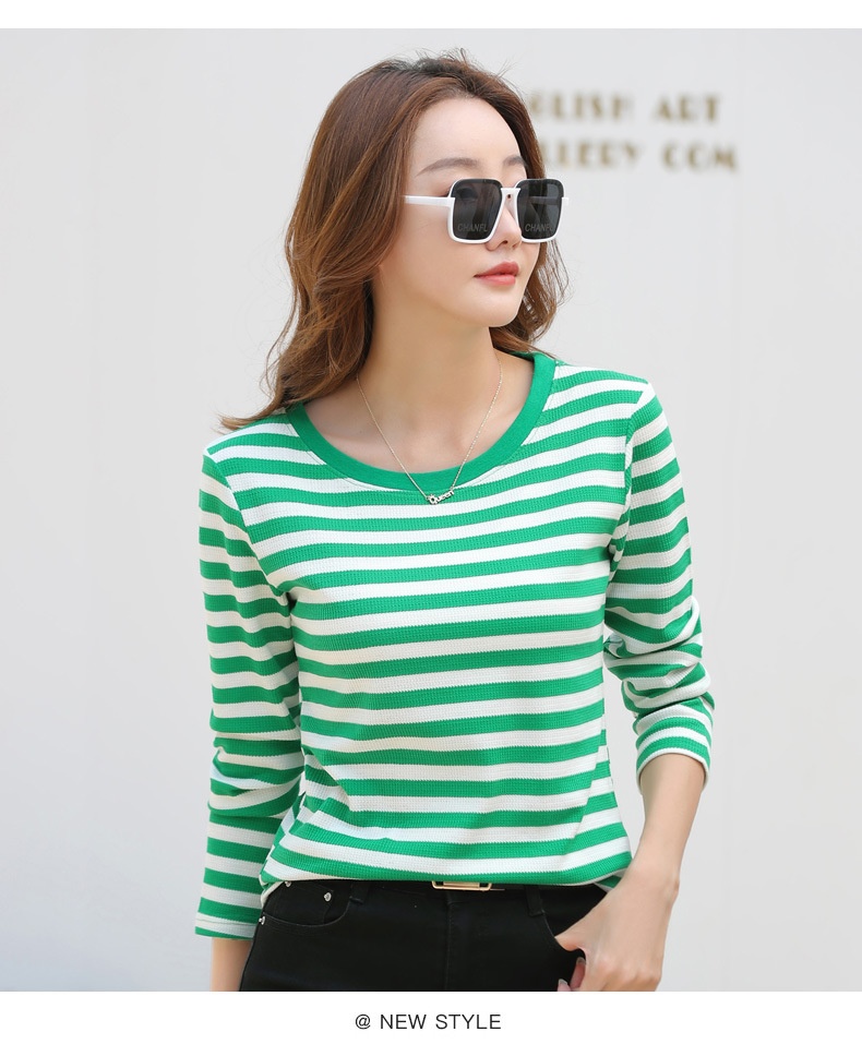 Autumn Striped Cotton Long Sleeve T-Shirt for Women