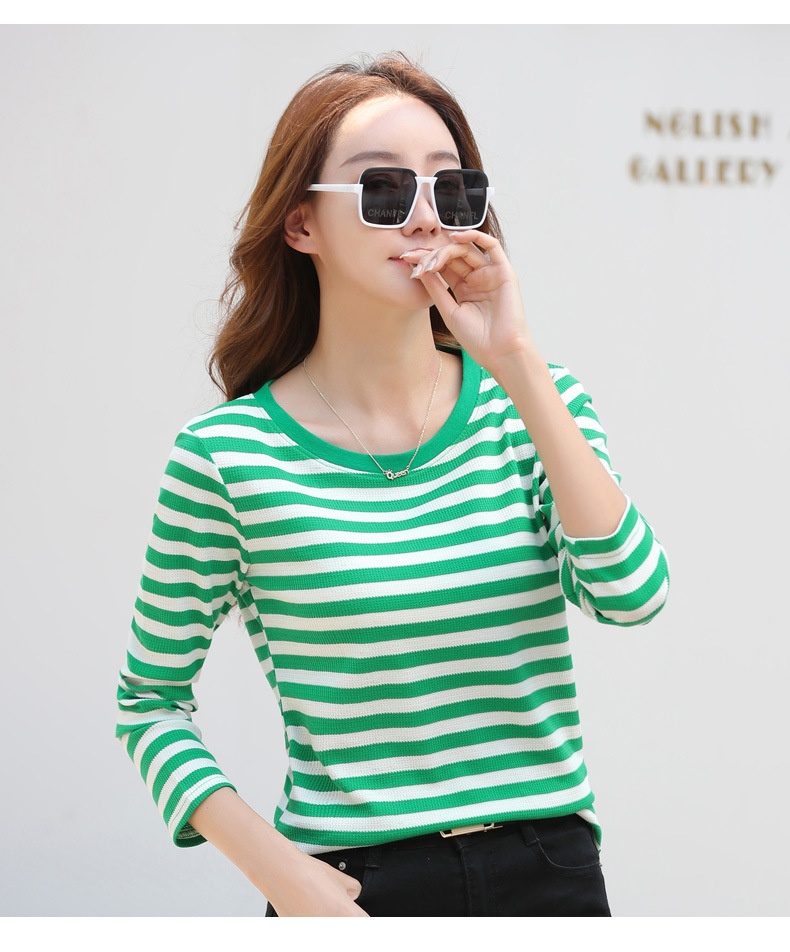 Autumn Striped Cotton Long Sleeve T-Shirt for Women