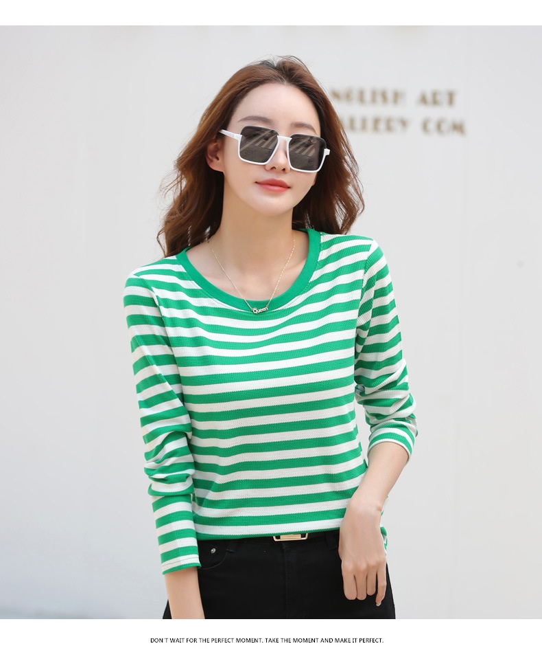 Autumn Striped Cotton Long Sleeve T-Shirt for Women