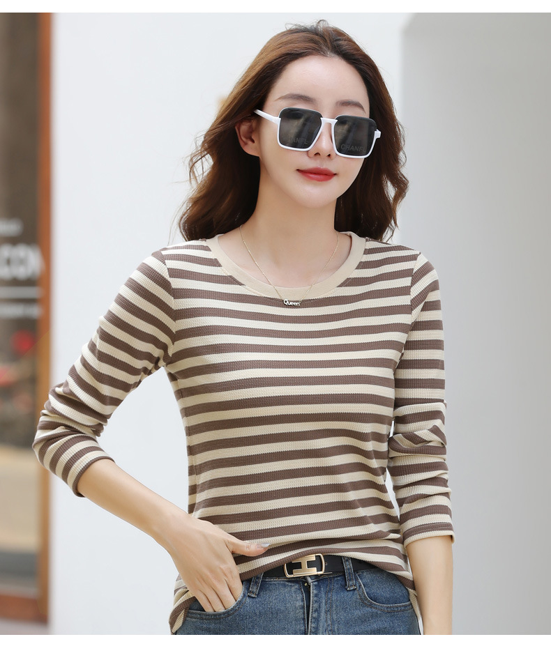 Autumn Striped Cotton Long Sleeve T-Shirt for Women