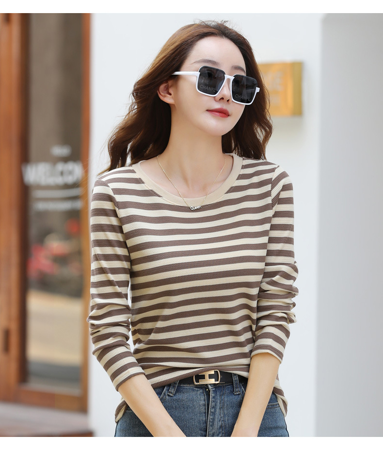 Autumn Striped Cotton Long Sleeve T-Shirt for Women