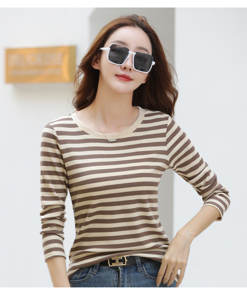 Autumn Striped Cotton Long Sleeve T-Shirt for Women