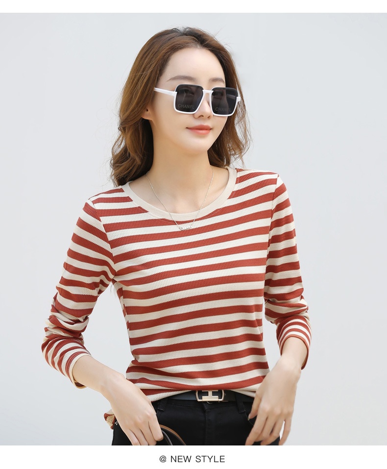 Autumn Striped Cotton Long Sleeve T-Shirt for Women