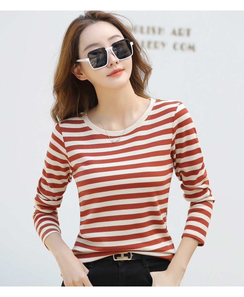 Autumn Striped Cotton Long Sleeve T-Shirt for Women