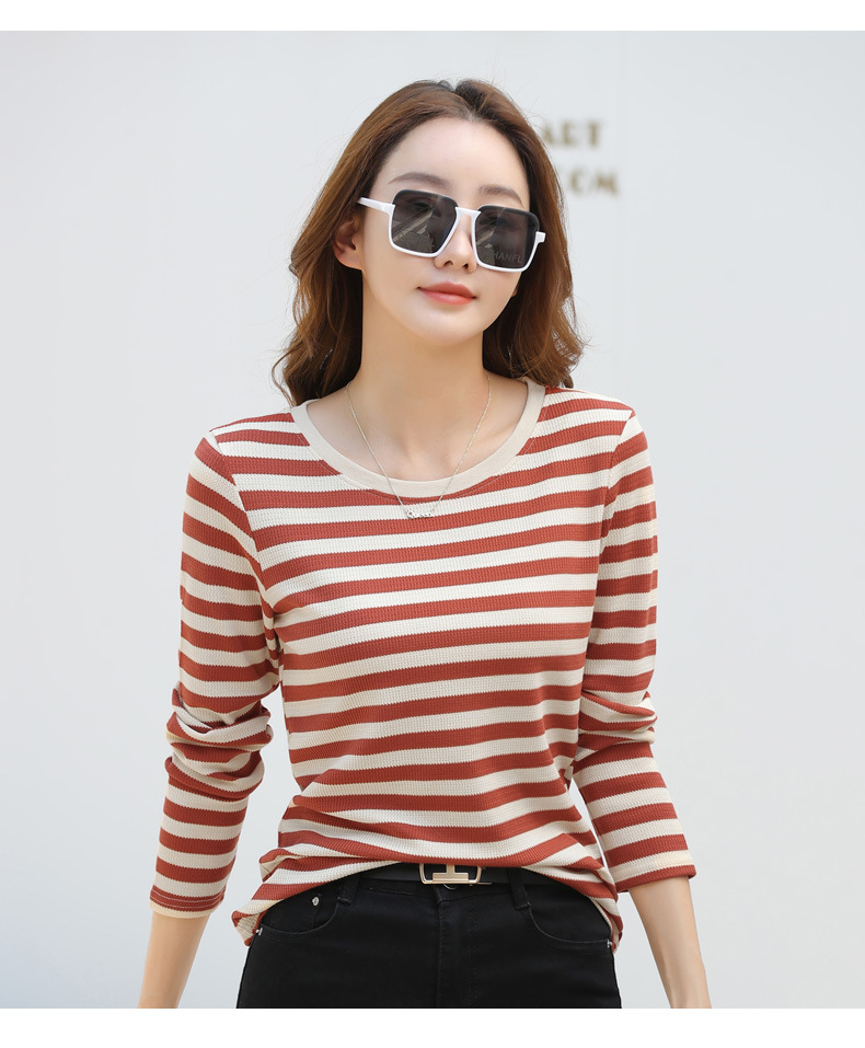 Autumn Striped Cotton Long Sleeve T-Shirt for Women