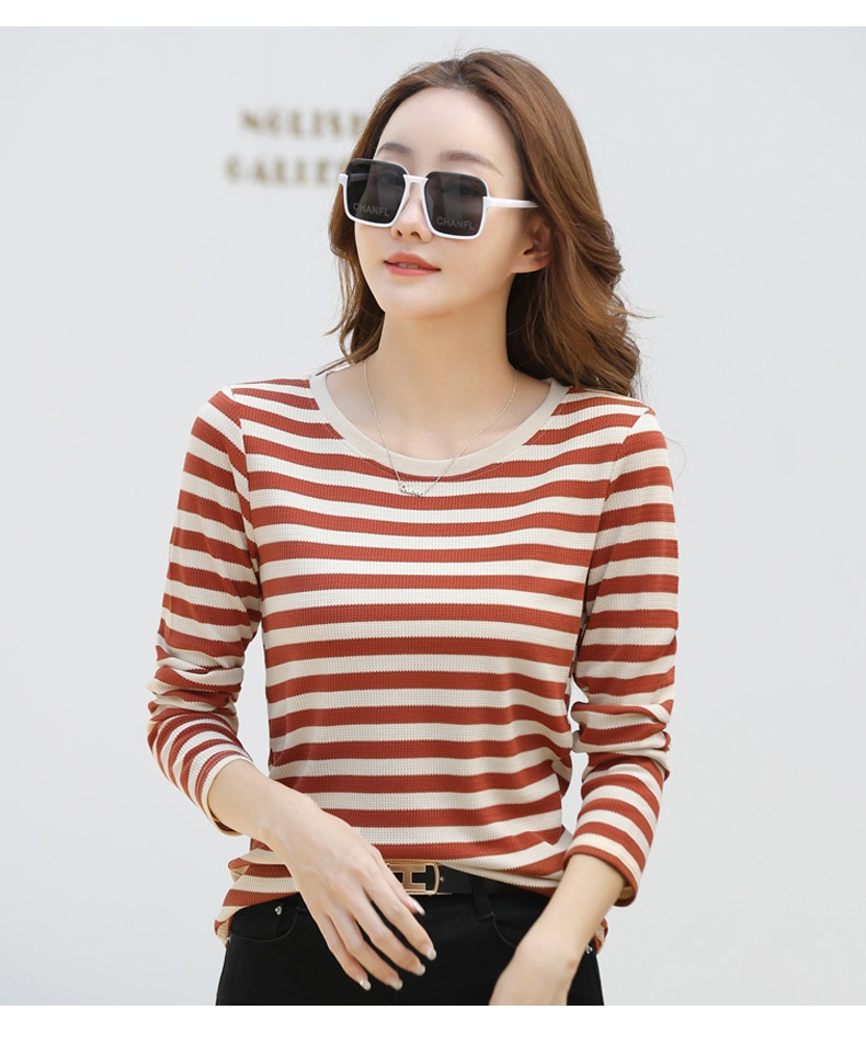 Autumn Striped Cotton Long Sleeve T-Shirt for Women