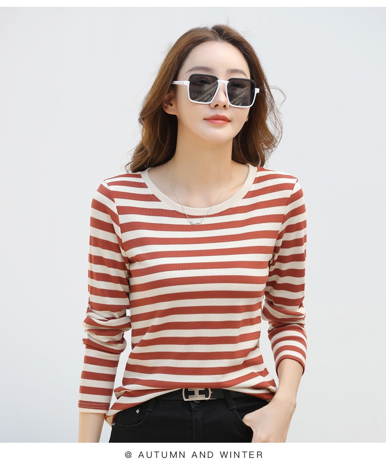 Autumn Striped Cotton Long Sleeve T-Shirt for Women