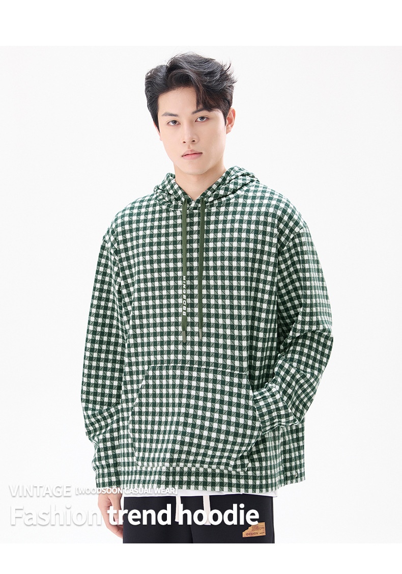 2024 Autumn/Winter New Men's Hooded Sweatshirt Casual Plaid Loose Comfortable American Style Fashion Trend