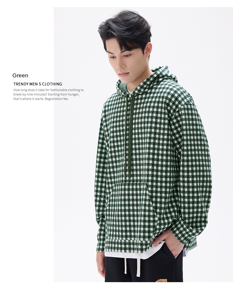 2024 Autumn/Winter New Men's Hooded Sweatshirt Casual Plaid Loose Comfortable American Style Fashion Trend