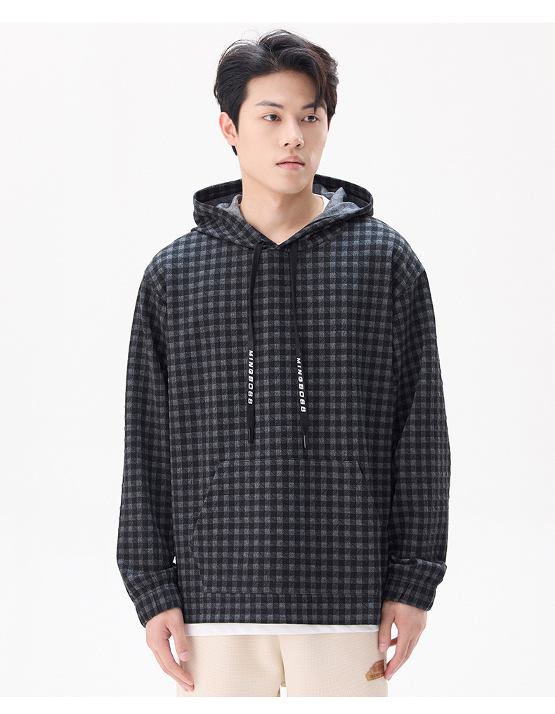 2024 Autumn/Winter New Men's Hooded Sweatshirt Casual Plaid Loose Comfortable American Style Fashion Trend