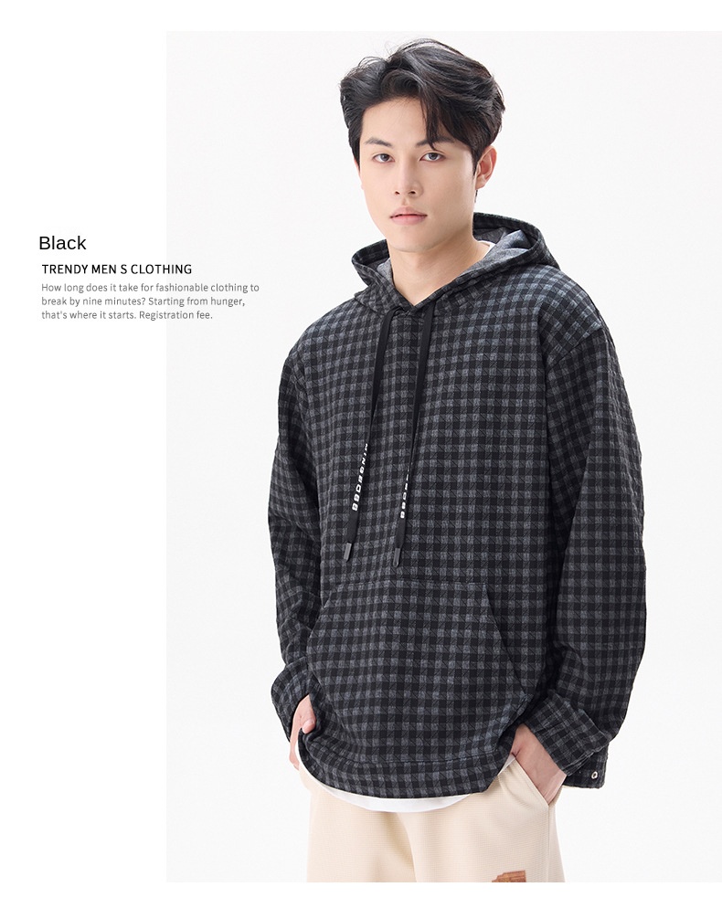 2024 Autumn/Winter New Men's Hooded Sweatshirt Casual Plaid Loose Comfortable American Style Fashion Trend