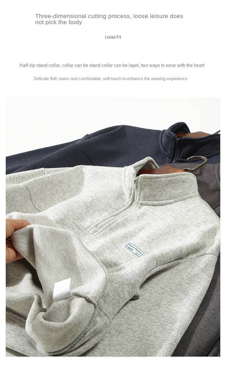 Men's Japanese-style Fleece Half-Zip Collared Sweatshirt with Loose Fit for Autumn and Winter